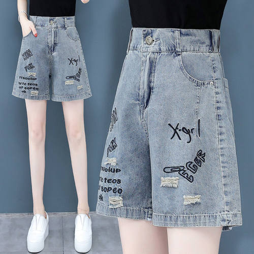 jeans denim distressed patchwork ripped pants高腰牛仔五分裤