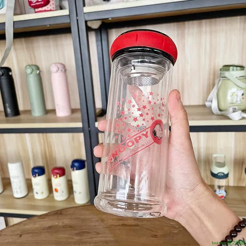 Cute Water bottle Cup史努比双层玻璃杯刻字印字水杯广告杯子印