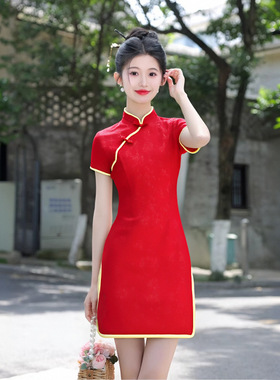 chinese qipao dress cheongsam新中式红色压花旗袍改良年轻款