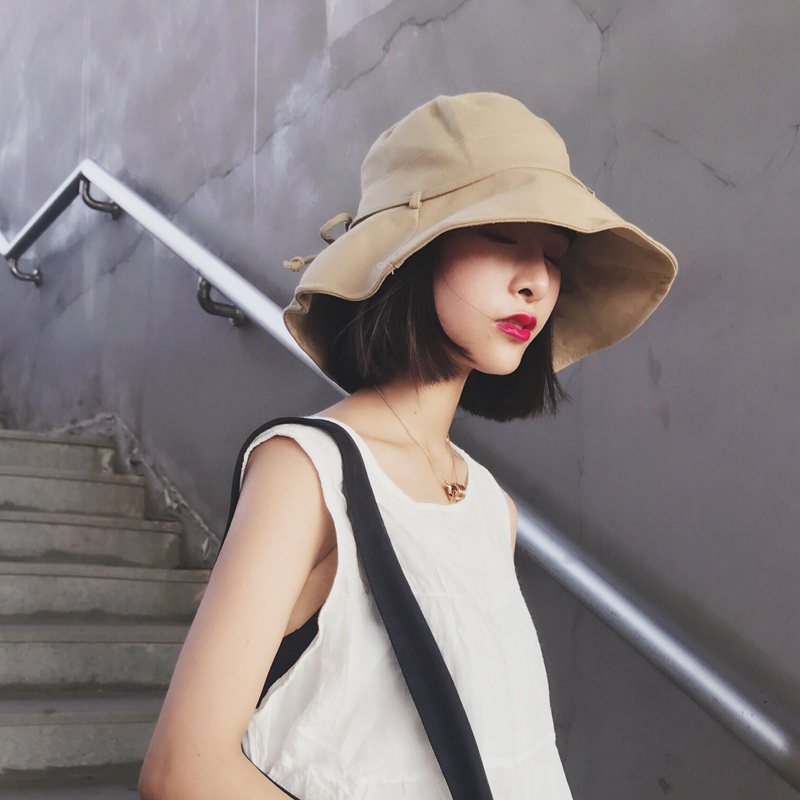 韩国新款防晒布帽蝴蝶结棉麻遮阳帽女夏天出游度假折叠遮阳渔夫帽