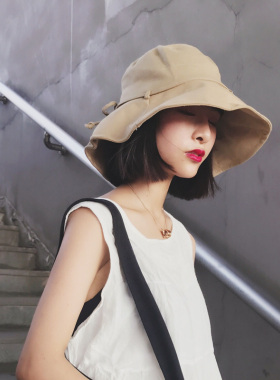 韩国新款防晒布帽蝴蝶结棉麻遮阳帽女夏天出游度假折叠遮阳渔夫帽