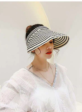 明星同款春夏季空顶帽女可折叠户外遮阳帽子度假大檐防晒太阳帽潮