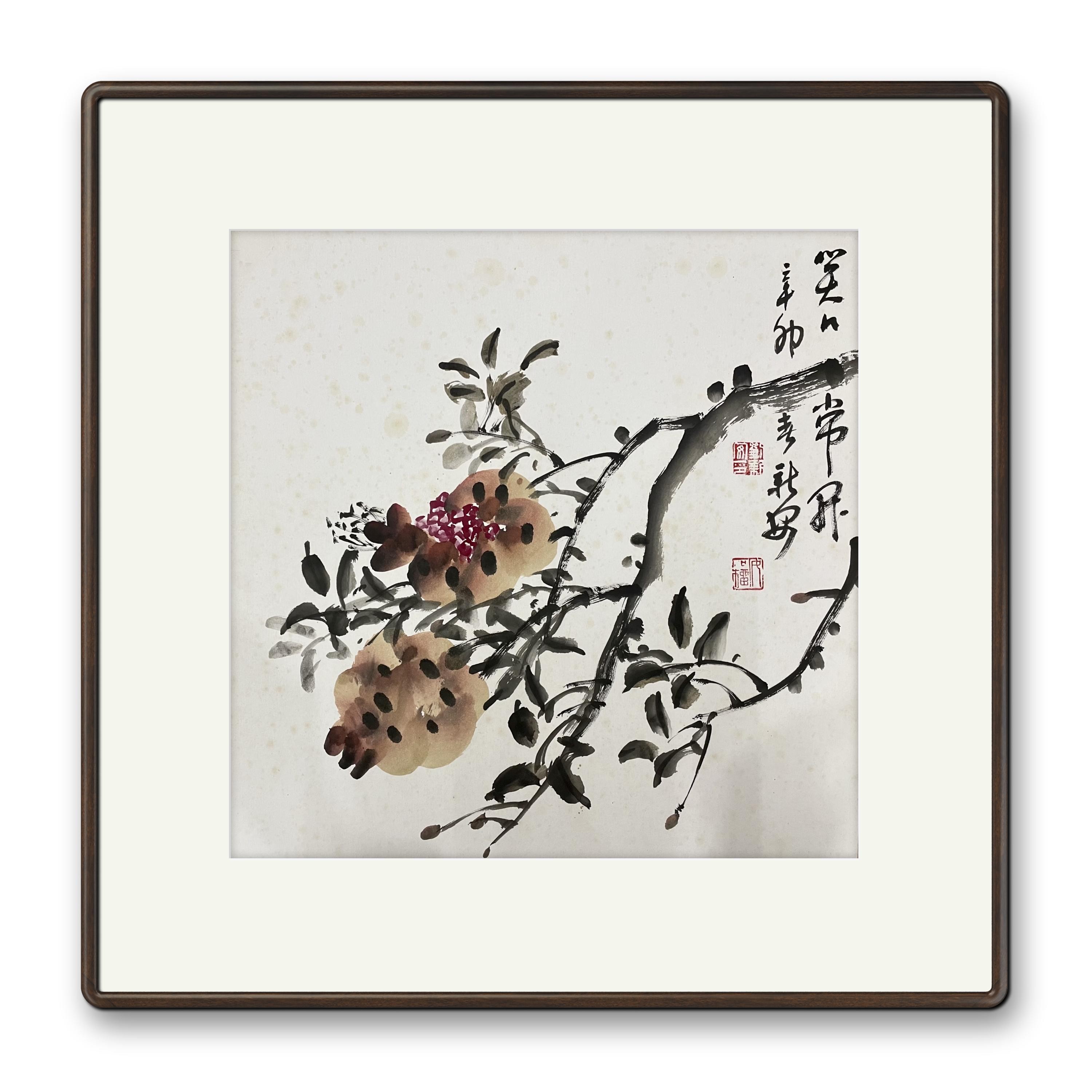 名师手绘国画石榴风景餐厅客厅风水招财聚宝盆玄关斗方装饰画挂画