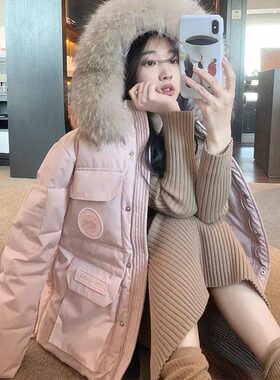 2025丹麦之冬极寒女短款加厚大毛领粉色工装派克服韩版羽绒棉服女