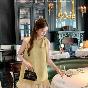 杨小卷 小香风蝴蝶结飘带宽松黄色连衣裙miu系千金无袖娃娃裙女夏