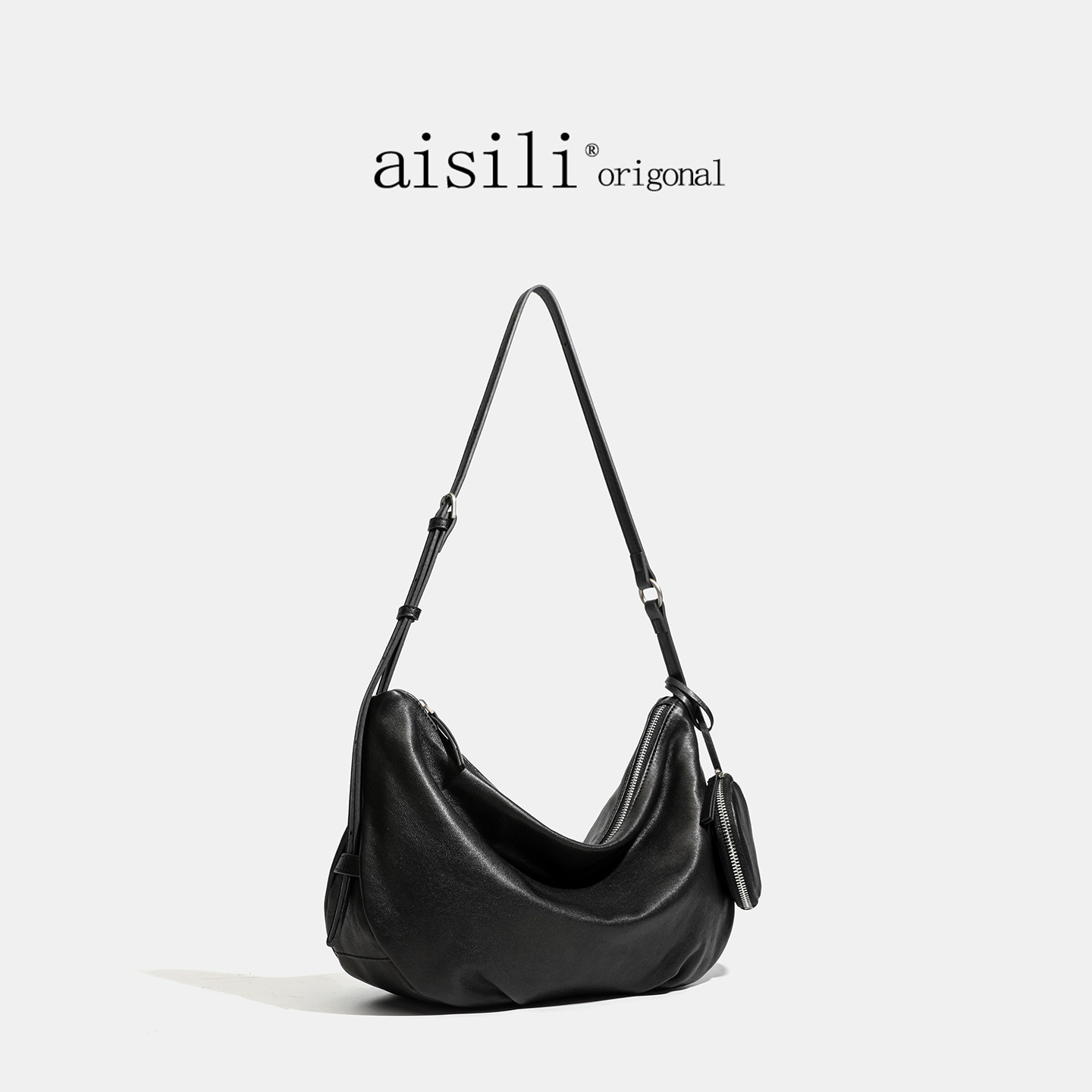 aisili头层羊皮小众设计托特包大容量软皮斜挎包黑色真皮女包包