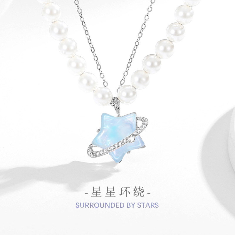 星星纯银925项链女小众设计轻奢款珍珠锁骨链ins风星球琉璃石吊