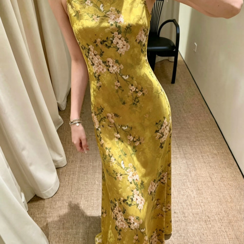 至上-26夏上新轻奢优雅唯美气质香云纱斜裁长款无袖连衣裙w3966