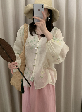 u.mi-麻绿色刺绣宽松显瘦上衣小衫（含100苎麻）(26年夏新款)2076