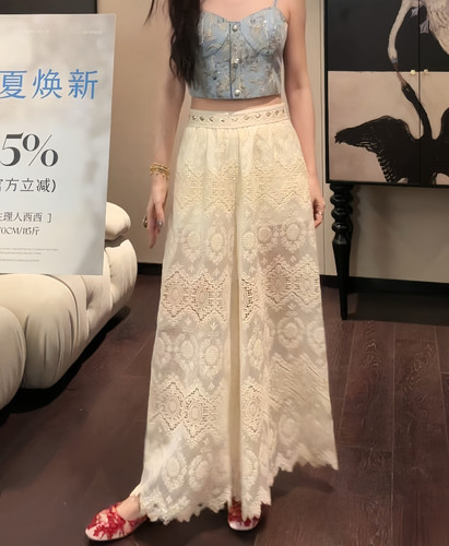 三吉黑花【忘忧岛】新中式国风绣花蕾丝阔腿裤子2026新款女夏薄款
