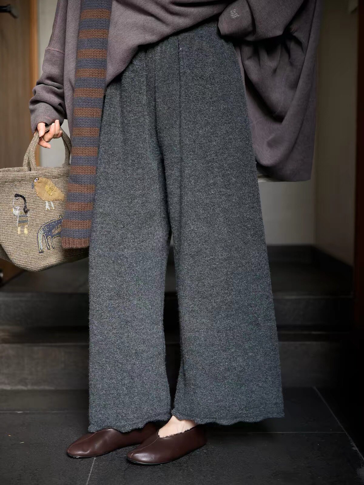 Owish 闲闲420g高克重羊毛混纺九分裤春秋高腰垂感感宽松休闲裤女