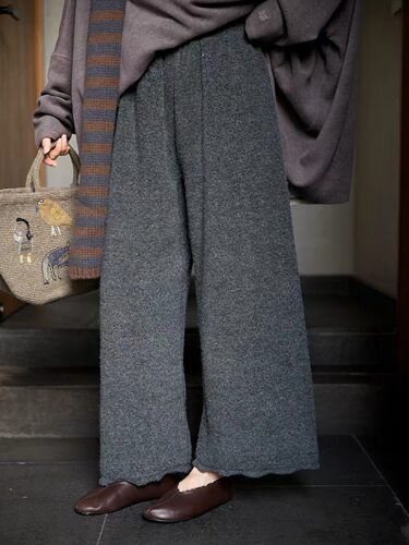 Owish 闲闲420g高克重羊毛混纺九分裤春秋高腰垂感感宽松休闲裤女