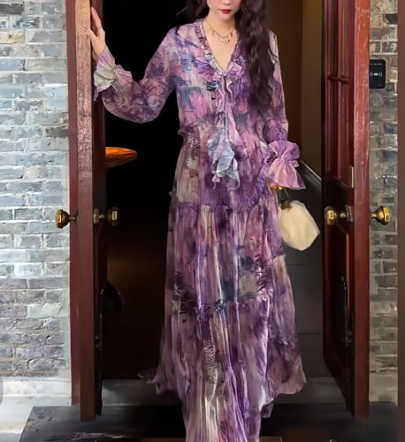 三吉黑花【九重春】国风植绒连衣裙子女夏2025新款今年流行长裙潮