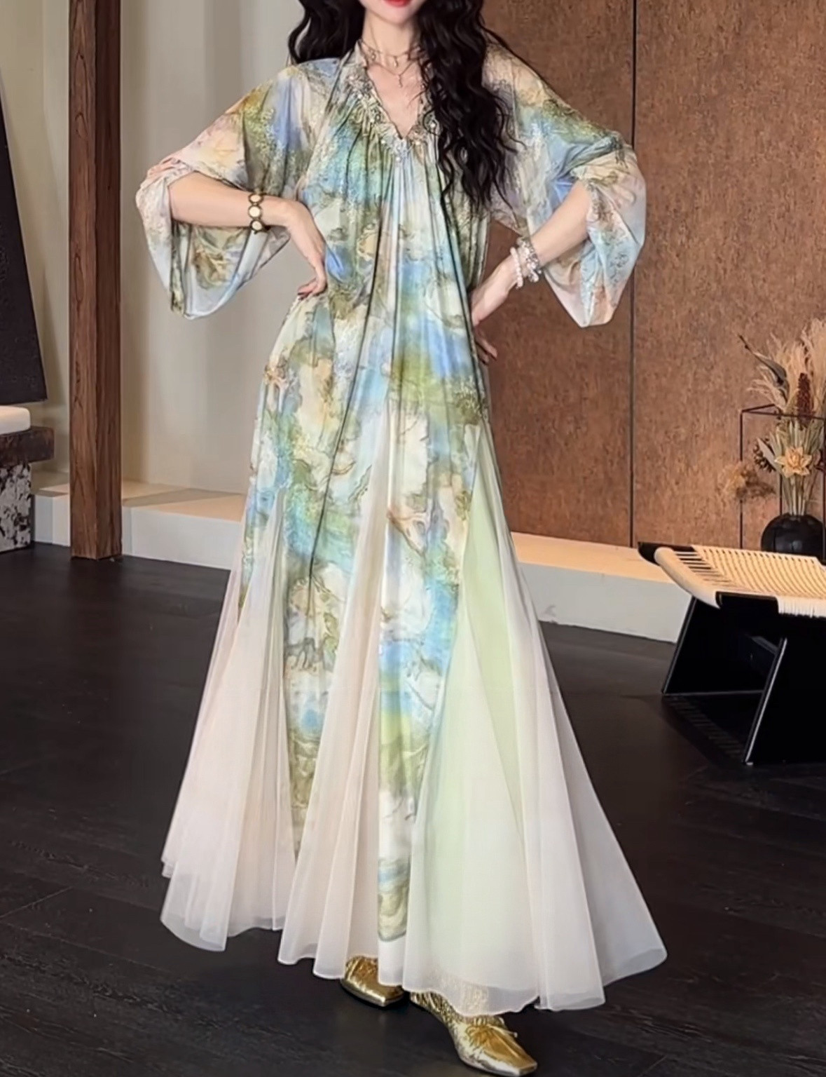 三吉黑花【阑珊】新中式烫金烧花早春漂亮连衣裙冰花绒长裙子绝美