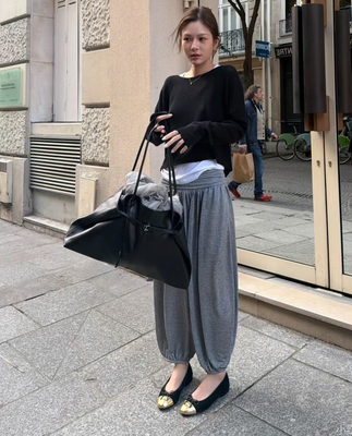 博主na'na同款腰部堆褶宽松垂感九分裤灯笼裤女