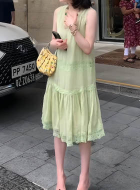 ASM 安娜100支砂洗苎麻柔软宽松背心裙夏古董法蕾中长款连衣裙女