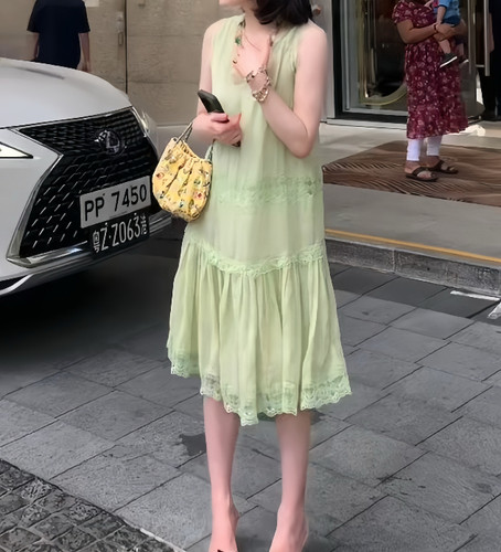 ASM 安娜100支砂洗苎麻柔软宽松背心裙夏古董法蕾中长款连衣裙女