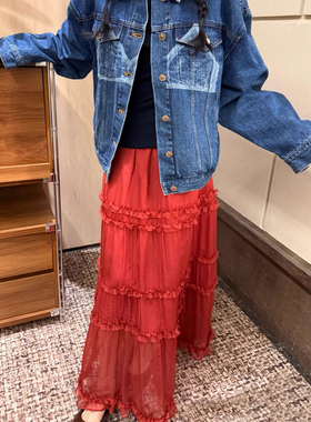 2026早春款设计师款 高品质MQ真丝木耳边百褶裙新年红半身裙子