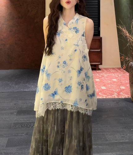 三吉黑花「6/18日20【岁昭昭】定位立体蕾丝人丝织金印花拼接背心