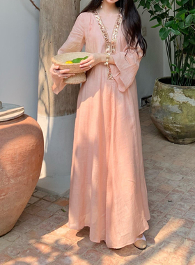 Floating 重工钉珠V领轻奢名媛度假风高级感长裙女气质苎麻连衣裙