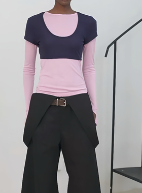 RARELY U领2-in-1叠穿天丝羊毛修身长袖两件套