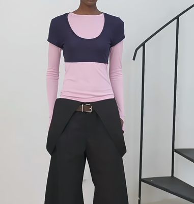 RARELY U领2-in-1叠穿天丝羊毛修身长袖两件套