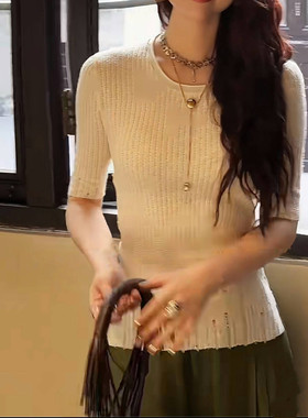 三吉黑花【云衫】国风新中式天丝亚麻针织打底衫短袖女T恤夏绑带