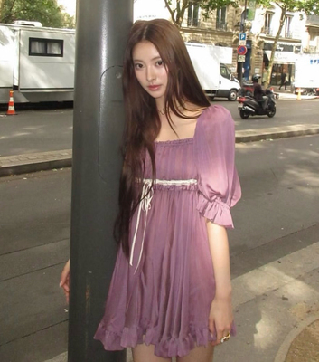 田中奈杏anna紫霞仙女裙氛围感显白温柔连衣裙方领荷叶边沙滩裙夏