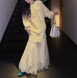 2025新款 三吉 国风连衣裙子女秋冬季 新中式 拼纱长裙 清欢雪