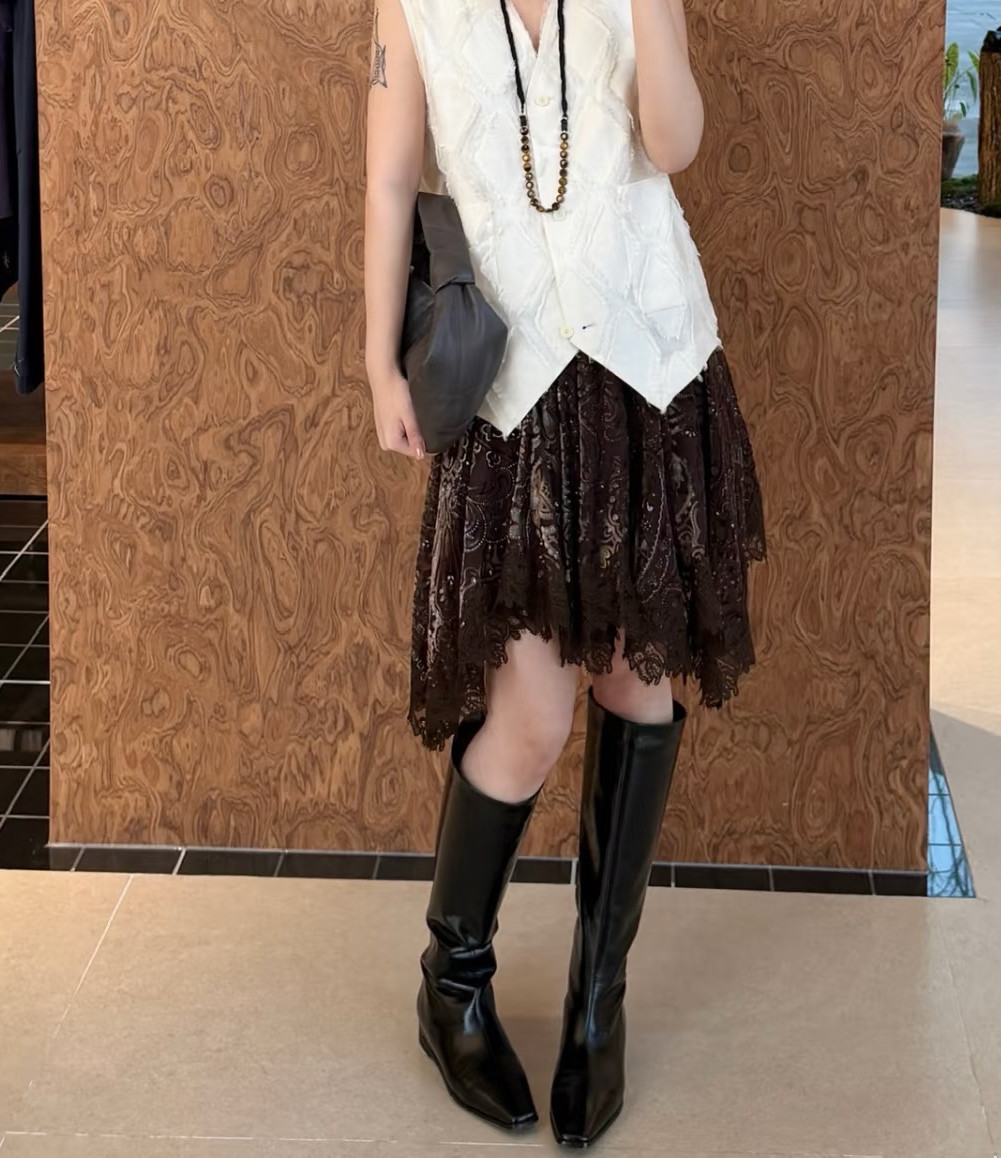 ICE 植绒提花不规则半身裙女26SS春夏新款高腰复古短款A字裙