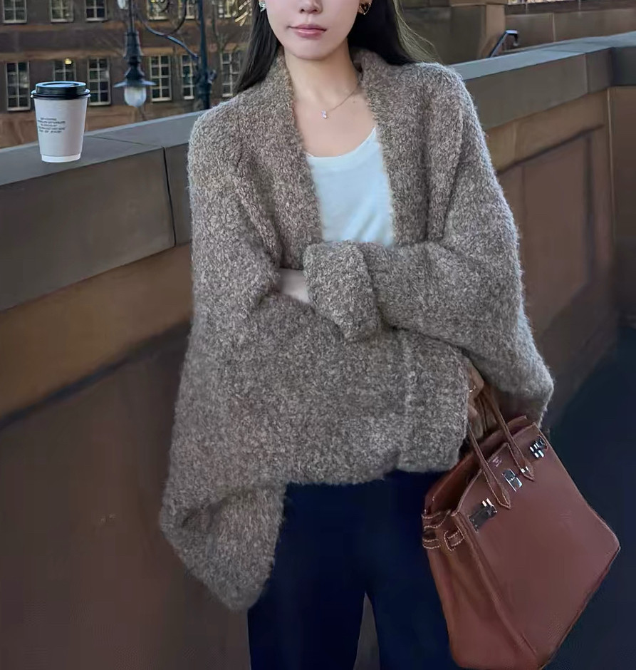 蝶宝嘻 云朵圈圈纱 羊毛混纺花纱蝙蝠袖慵懒宽松毛衣开衫外套女