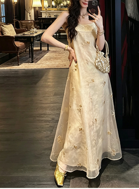三吉黑花【莲雾】新中式欧根纱珠绣天丝连衣裙子女夏新款吊带长裙
