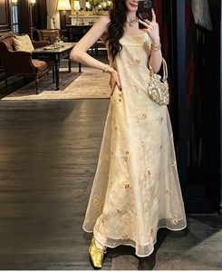 三吉黑花【莲雾】新中式欧根纱珠绣天丝连衣裙子女夏新款吊带长裙