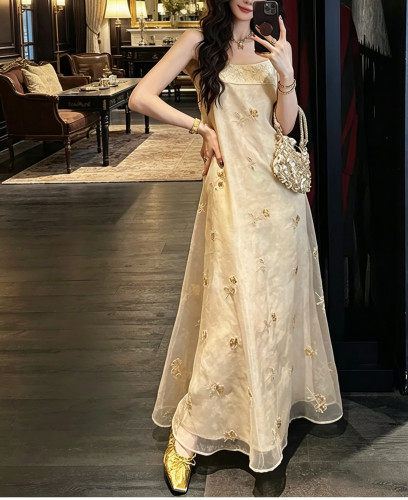 三吉黑花【莲雾】新中式欧根纱珠绣天丝连衣裙子女夏新款吊带长裙