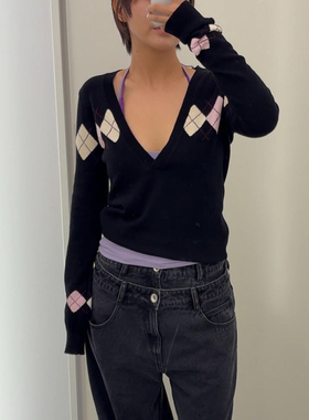 RARELY 深V领菱格纹毛衫 黑色/红色/灰色