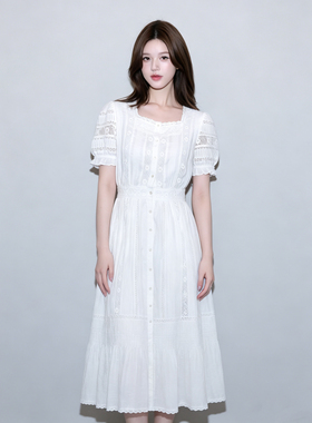 赵露思同款丨千金微光裙TW小熊女装2026夏蕾丝连衣裙法式方领长裙
