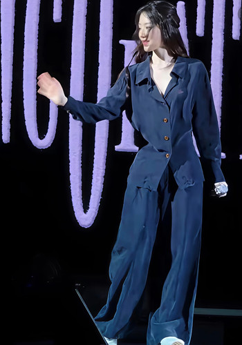 叶舒华同款藏蓝色套装老钱风翻领衬衫宽松阔腿裤时尚两件套