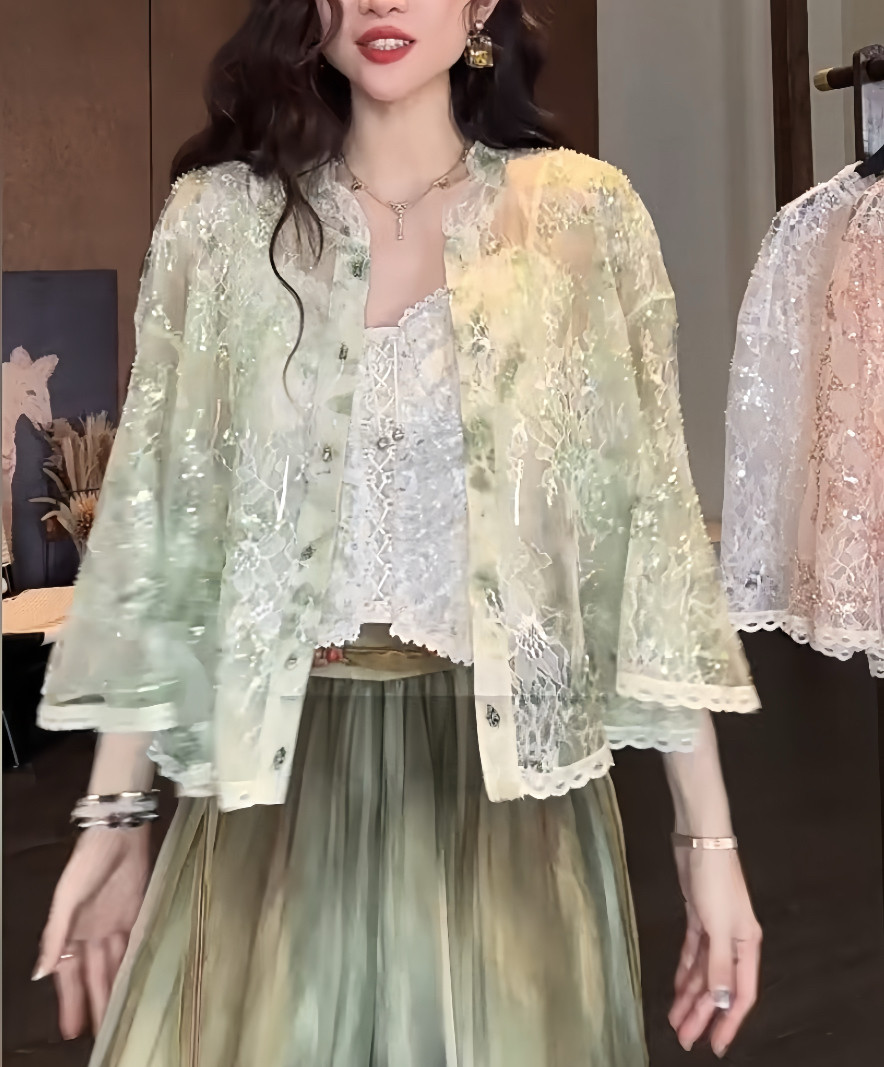 三吉黑花【香满衣】新中式珠片绣花蕾丝短袖衬衫女款2026新款上衣