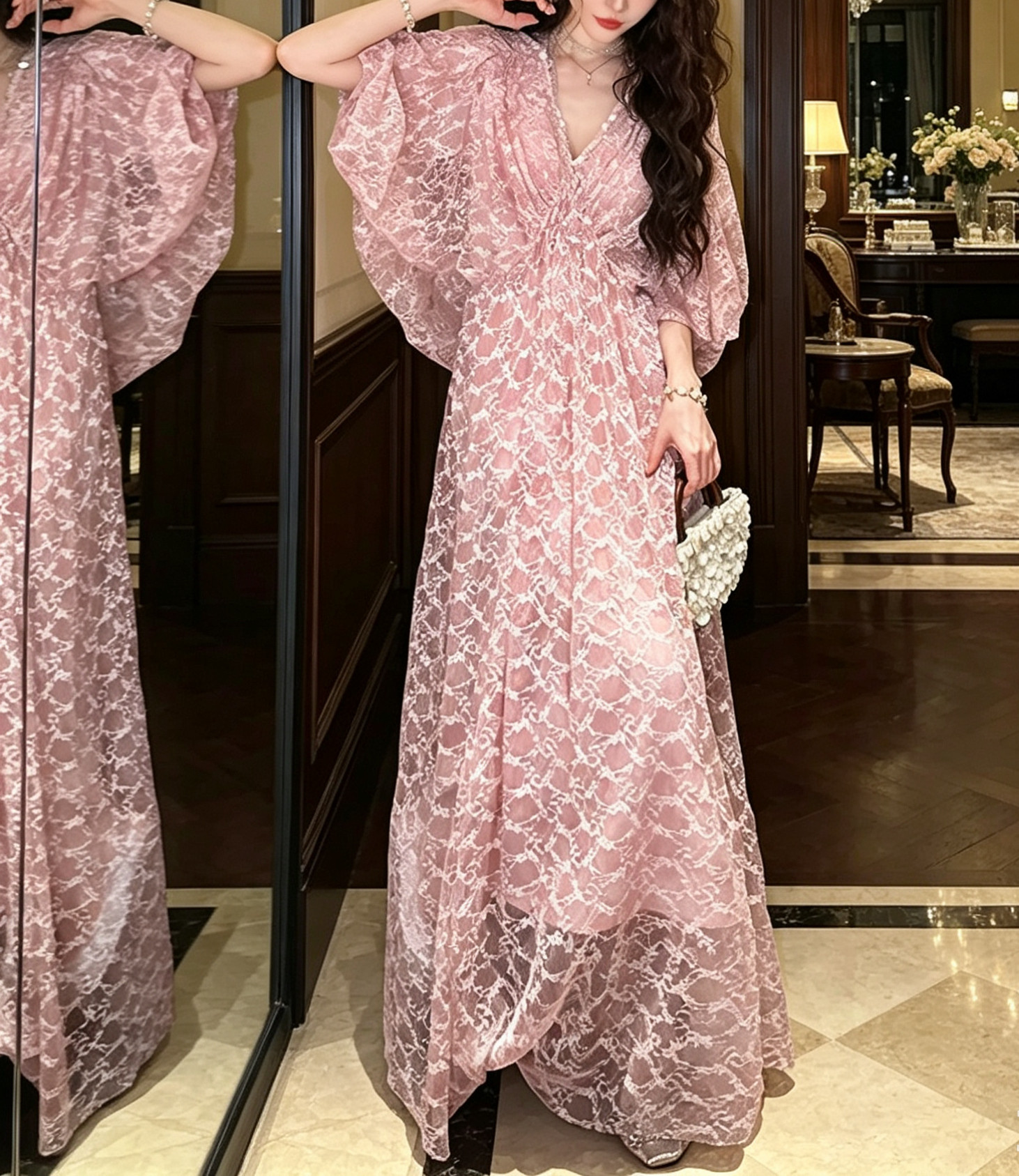 三吉黑花【月如银】新中式扎染蕾丝提花连衣裙子女夏新款漂亮长裙