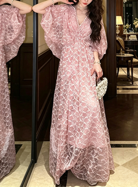 三吉黑花【月如银】新中式扎染蕾丝提花连衣裙子女夏新款漂亮长裙