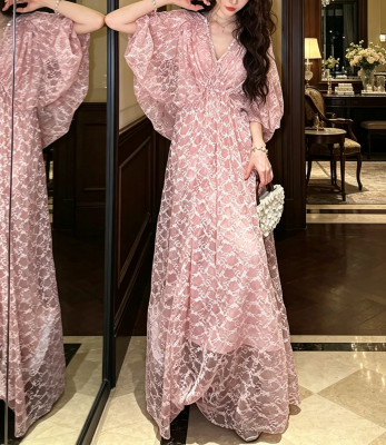 三吉黑花【月如银】新中式扎染蕾丝提花连衣裙子女夏新款漂亮长裙