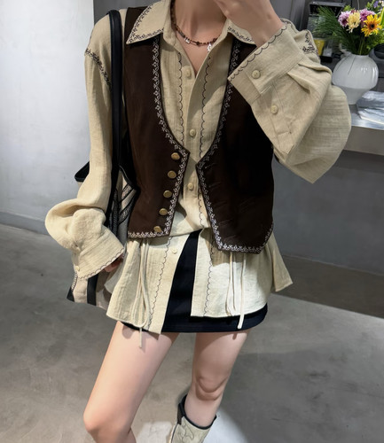 ICE 纱卡版净色牛仔马甲女26SS春夏新款复古休闲风V领上衣服