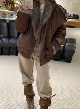 蔡文静同款XZ2025秋冬新品环保皮草翻领双面穿设计复古感夹克外套