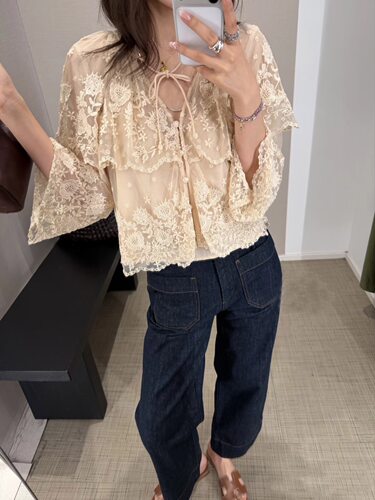 SEA 早春新品 26PS 轻盈网纱刺绣披肩式系带上衣