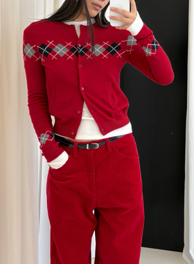 RARELY  高品质 布料100还原 菱格纹羊毛混纺开衫 咖色/红色