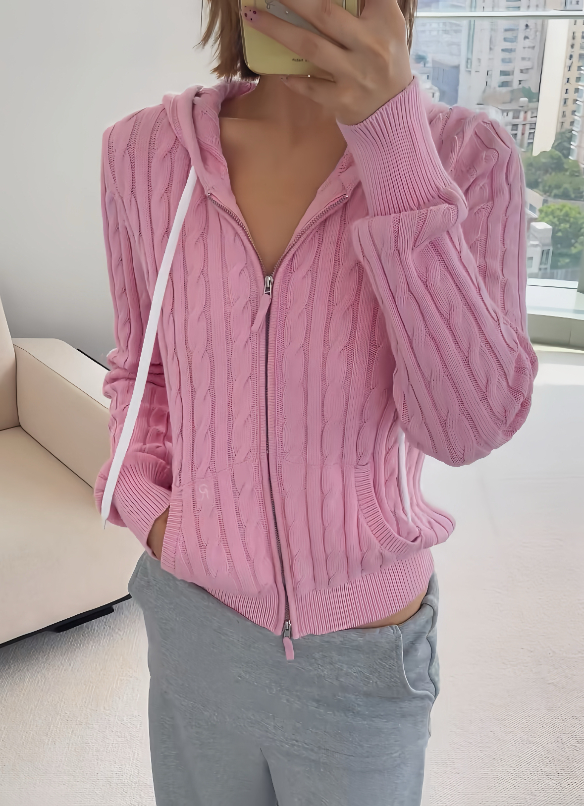 RARELY  连帽麻花毛织开衫 藏蓝/糖粉/淡蓝