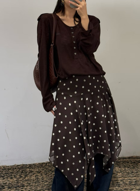 AVVENN 高品质布料100还原波点印花图案下摆不规则半裙精致造型感