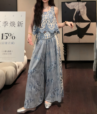 三吉黑花【云之缦】新中式套装国风2025新款高级感超火背心阔腿裤