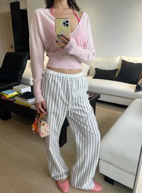 RARELY 轻松条纹宽松直筒裤 藏蓝条纹/白色条纹