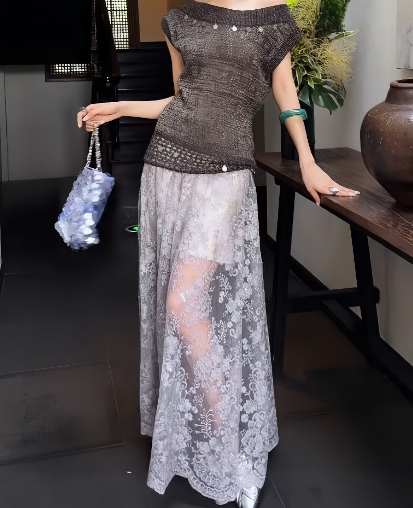 三吉黑花「92折!6/29日」【扶泽】定位珠绣网纱烫金缎面花边半裙